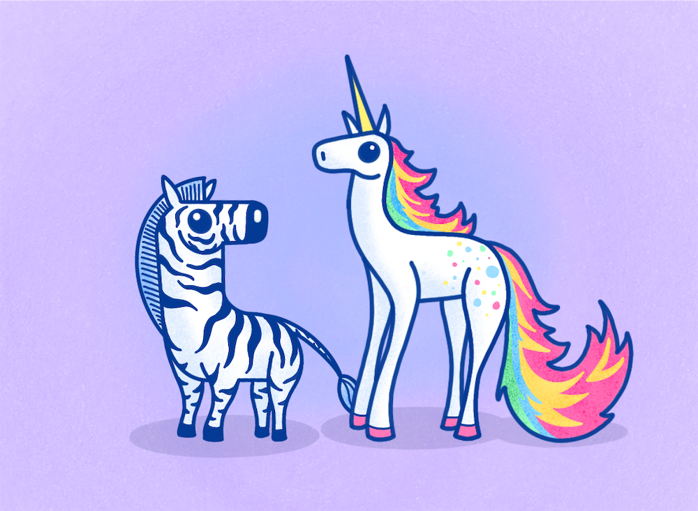 This is an illustration of a cebra and a unicorn looking at each other.