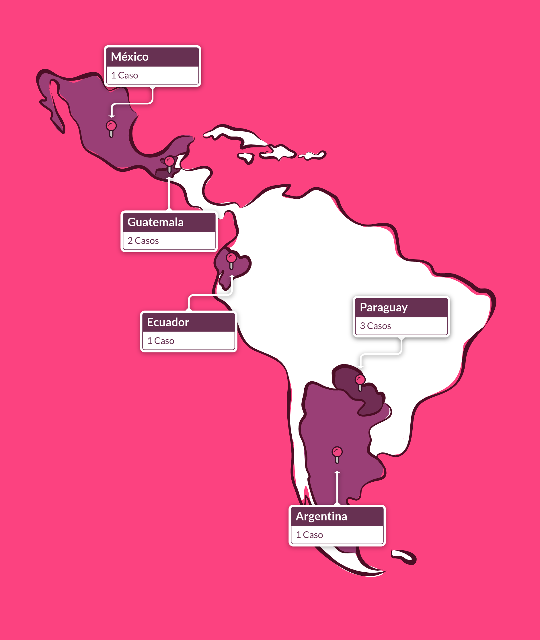 Silhouette of Latin America, with some countries highlighted in another color indicating the number of cases.